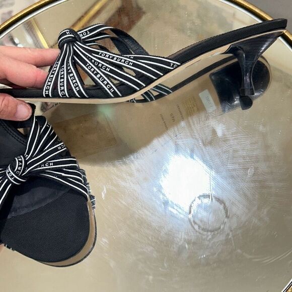 TORY BURCH NWOT Ribbon Slide Sandals Women Size 8.5M Navy Kitten heel - Picture 3 of 3